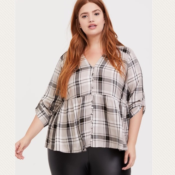 torrid Tops - Torrid Grey & Gold Tone Plaid Twill Babydoll Top 3